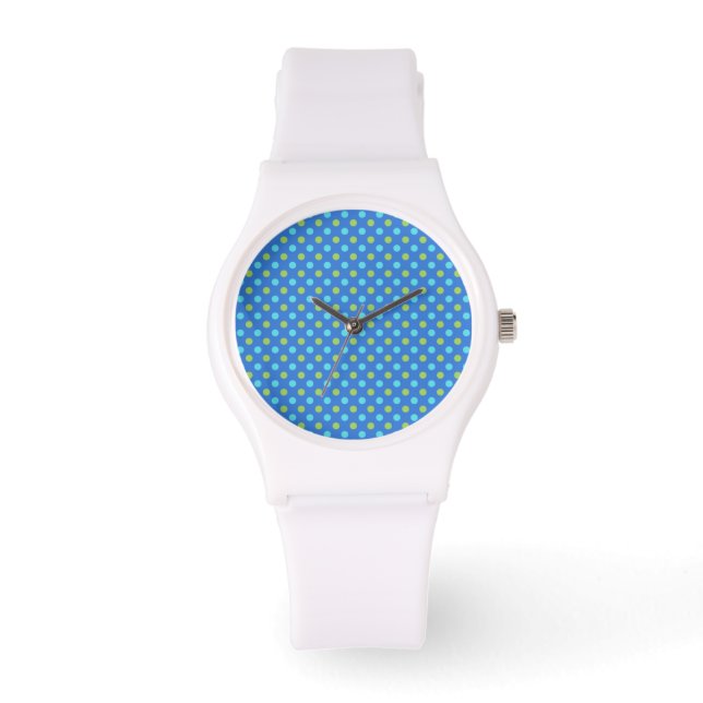 Sporty Wristwatch: Aqua, Green on Blue Polka Dots Watch (Front)