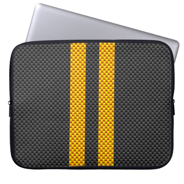 Sporty Yellow Racing Stripes Carbon Fiber Style Laptop Sleeve (Front)