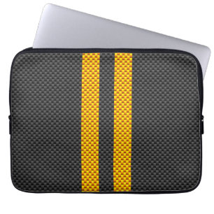 Sporty Yellow Racing Stripes Carbon Fibre Style Laptop Sleeve
