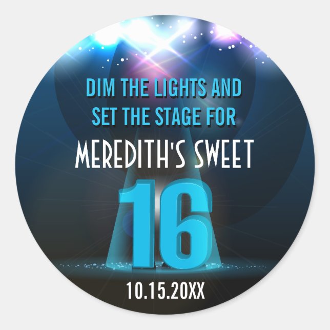 Spotlight Star Blue Sweet 16 Classic Round Sticker (Front)