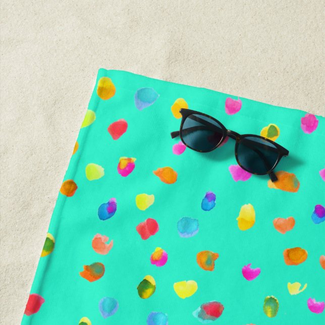 Spots and dots polka dot watercolor beach style towel (In Situ)