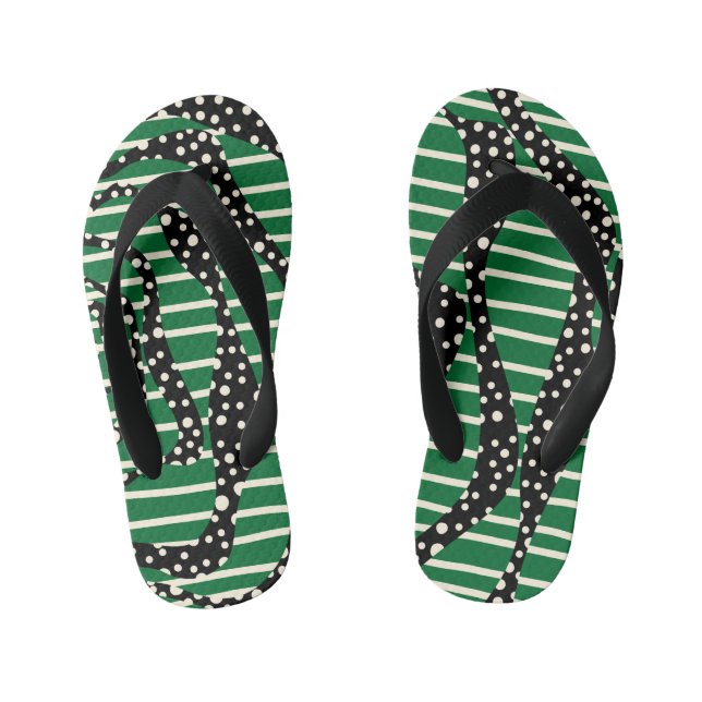 Spots and Stripes 2 - Green, Cream and Black Kid's Flip Flops (Footbed)
