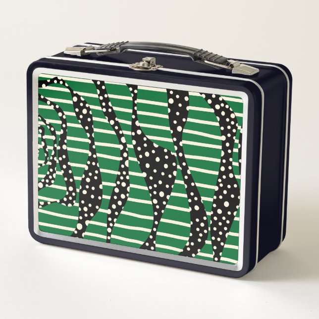 Spots and Stripes 2 - Green, Cream and Black Metal Lunch Box (Front)
