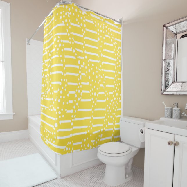 Spots and Stripes 2 - Lemon Yellow and White Shower Curtain (In Situ)
