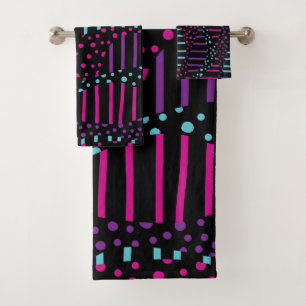Spots and Stripes 2 - Pink, Purple, Blue and Black Bath Towel Set