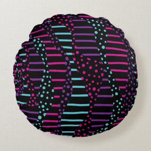 Spots and Stripes 2 - Pink, Purple, Blue and Black Round Cushion
