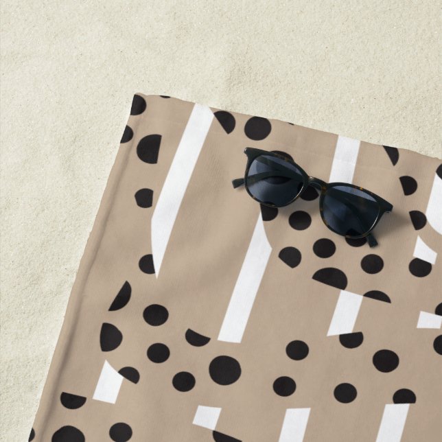 Spots and Stripes 2 - Taupe, Black and White Beach Towel (In Situ)
