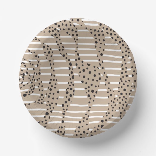Spots and Stripes 2 - Taupe, Black and White Paper Plate (Front)