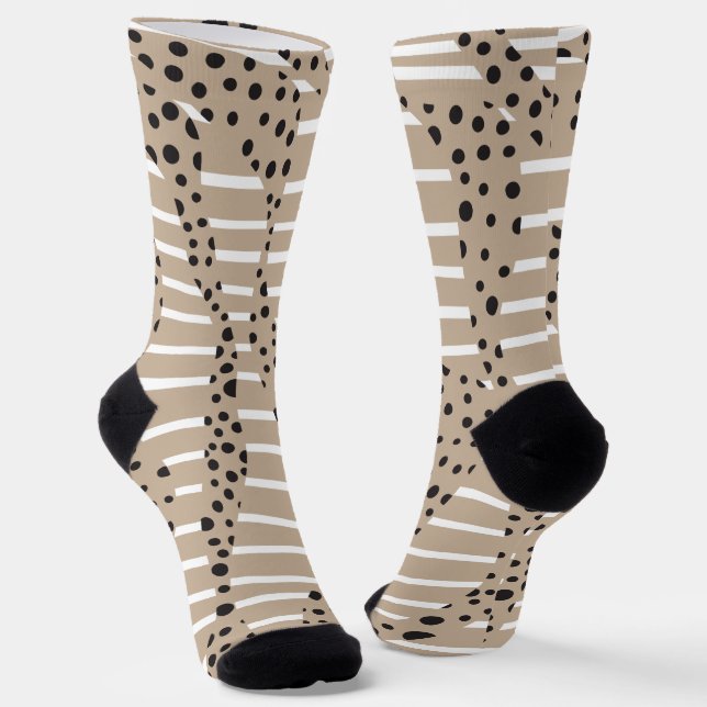 Spots and Stripes 2 - Taupe, Black and White Socks (Angled)