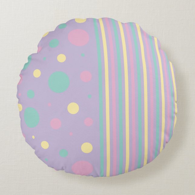 Spots and Stripes - Pink, Yellow, Purple, Green Round Cushion (Front)