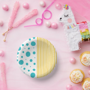 Spots and Stripes - Turquoise and Yellow Paper Plate