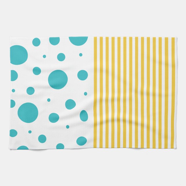 Spots and Stripes - Turquoise and Yellow Tea Towel (Horizontal)