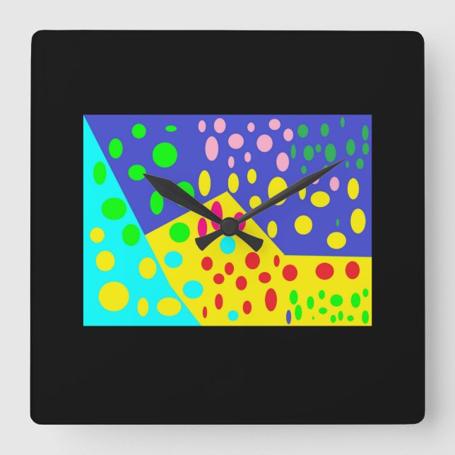Spots design black background mixed colours square wall clock (Front)
