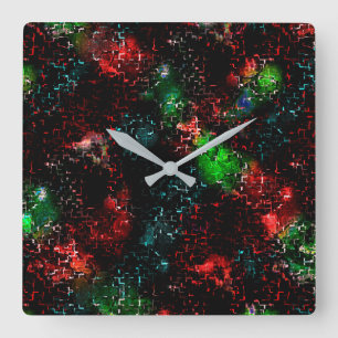 Spots of bright colors under the dark and mosaic square wall clock