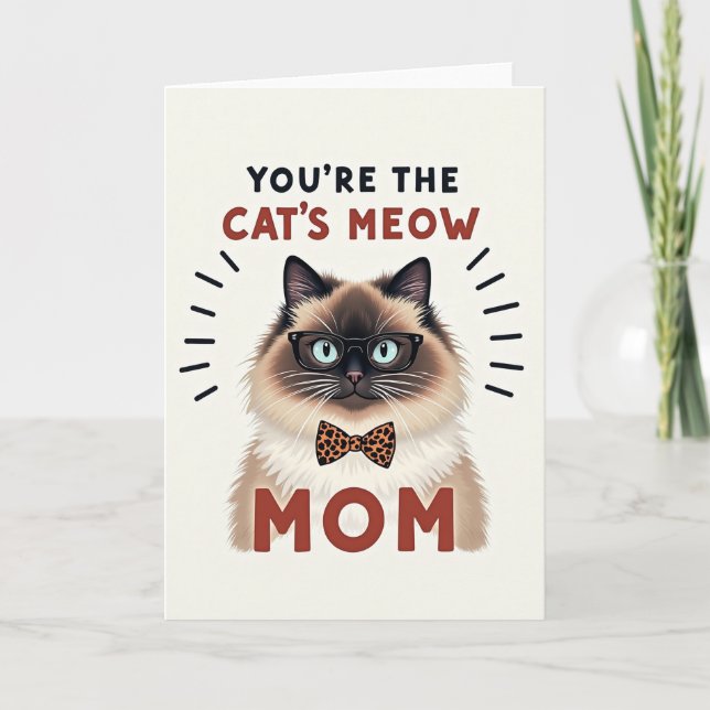 Spotted Bow Tie Cats Meow Mom Card (Front)