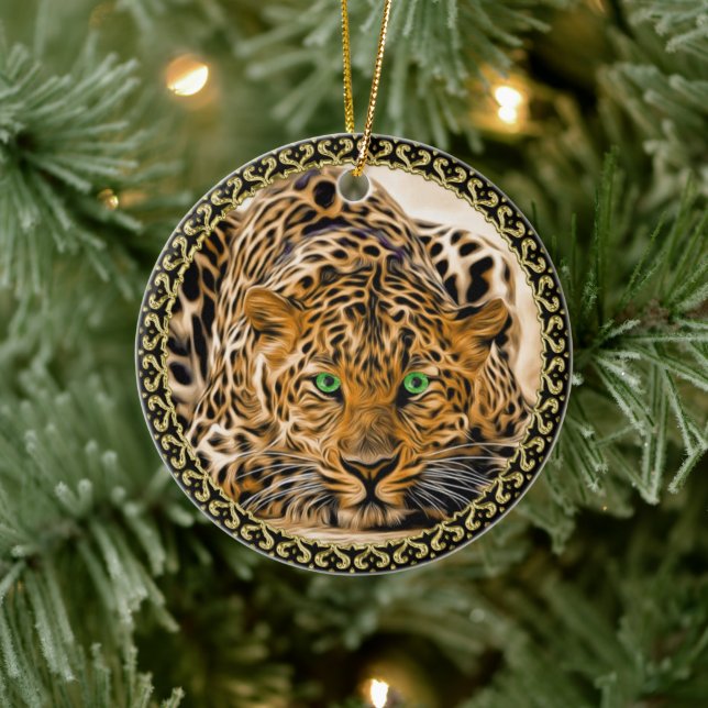 Spotted Bright green eye leopard looking at you Ceramic Tree Decoration (Tree)
