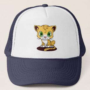 SPOTTED BROWN GREEN-EYED KITTEN ON A MAROON MAT TRUCKER HAT