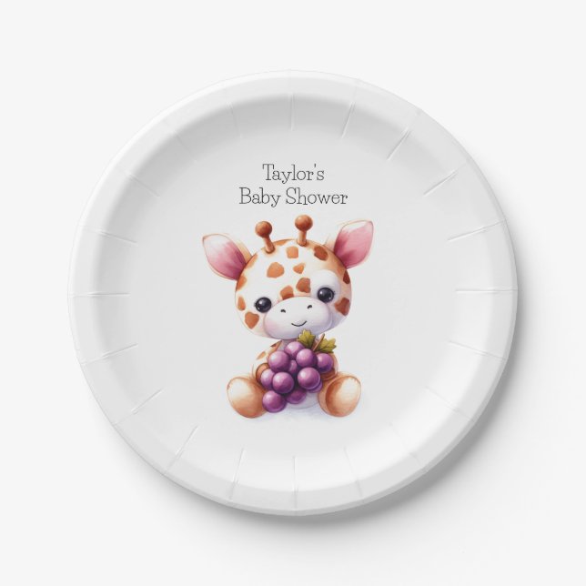 Spotted Brown Watercolor Giraffe Baby Shower Paper Plate (Front)