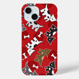 Spotted Doggies & Bones Puppy Cute Fun Red iPhone 15 Case