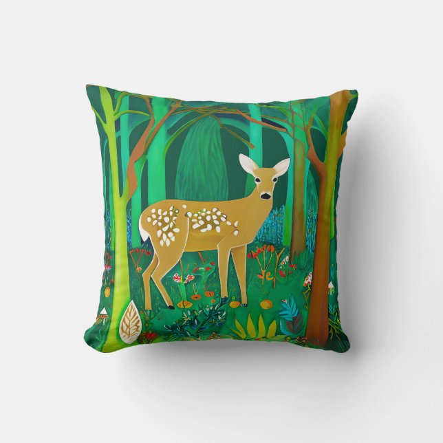 Spotted Fawn in a Fantasy Forest Setting  Cushion (Front)