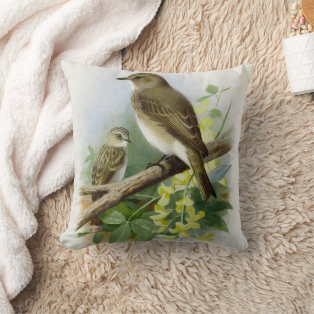 Spotted Flycatchers, Art Illustration Cushion (Blanket)