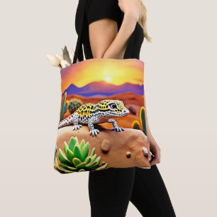 Spotted Gecko Desert Sunset Tote Bag