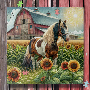 Spotted Horse, Rustic Barn, Sun Rising on Farm Jigsaw Puzzle