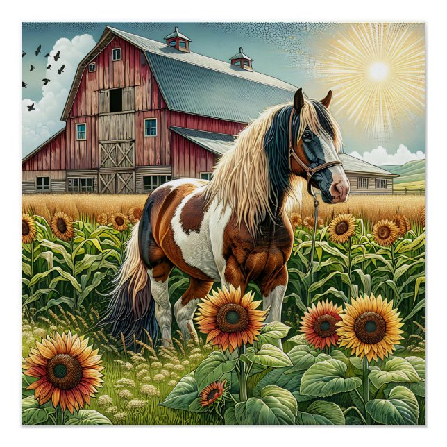 Spotted Horse, Rustic Barn, Sun Rising on Farm Poster (Front)