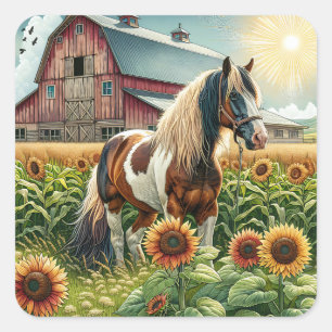 Spotted Horse, Rustic Barn, Sun Rising on Farm Square Sticker
