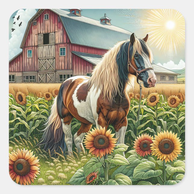 Spotted Horse, Rustic Barn, Sun Rising on Farm Square Sticker (Front)