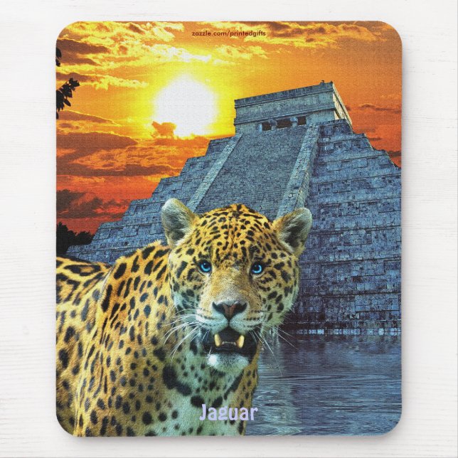 Spotted Jaguar & Chichen Itza Temple & Sunset Mouse Mat (Front)