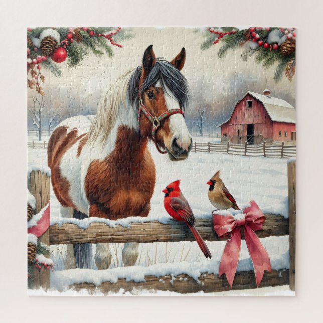 Spotted Pinto Horse and Cardinals Christmas Jigsaw Puzzle (Vertical)