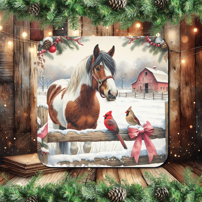 Spotted Pinto Horse and Cardinals Christmas Square Sticker (Creator Uploaded)