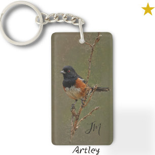 Spotted Towhee Bird Painting Custom Initials  Key Ring