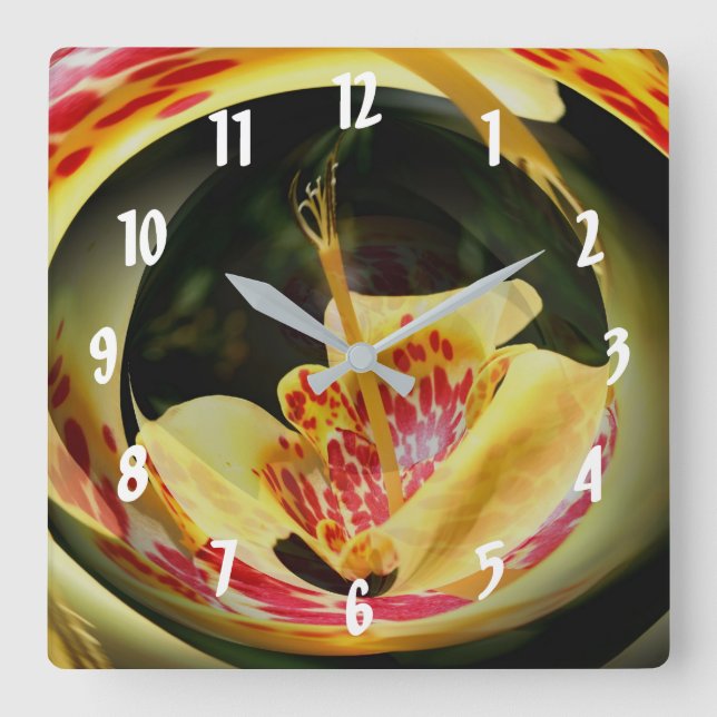 Spotted Yellow Lily Flower Abstract Art Square Wall Clock (Front)