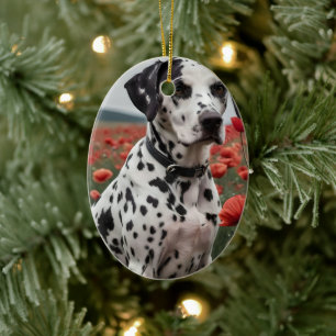 Spotty Handsome Dalmation Dog In The Poppy Field, Ceramic Tree Decoration