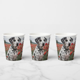Spotty Handsome Dalmation Dog In The Poppy Field, Paper Cups