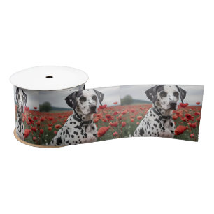 Spotty Handsome Dalmation Dog In The Poppy Field, Satin Ribbon