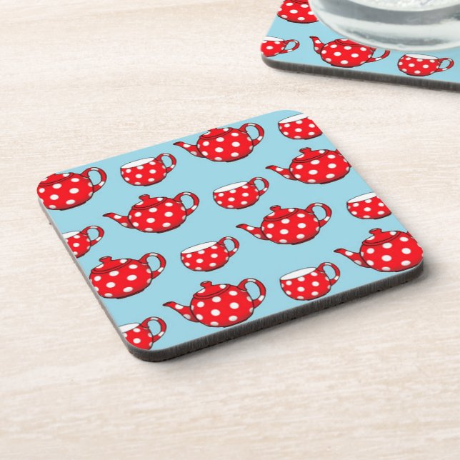 Spotty Red Teapot and Cups Blue Pattern Coaster (Left Side)