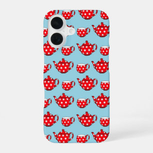 Spotty Red Teapot and Cups Blue Pattern iPhone 16 Case