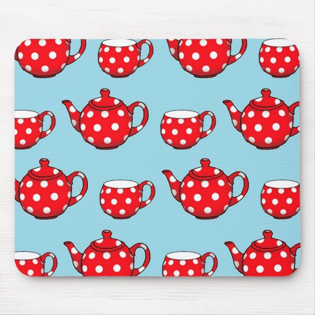 Spotty Red Teapot and Cups Blue Pattern Mouse Mat (Front)