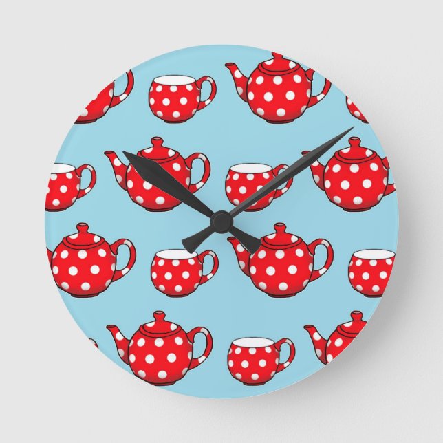 Spotty Red Teapot and Cups Blue Pattern Round Clock (Front)