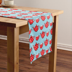 Spotty Red Teapot and Cups Blue Pattern Short Table Runner