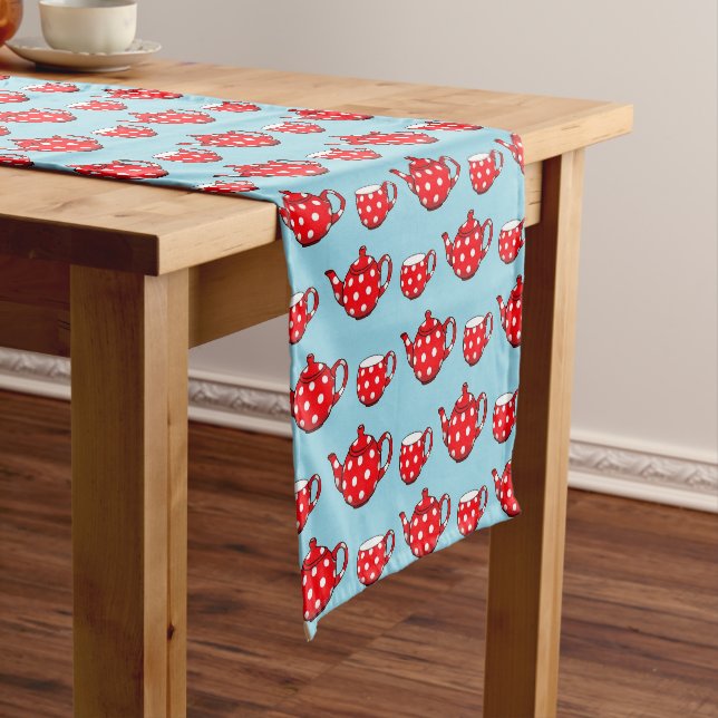 Spotty Red Teapot and Cups Blue Pattern Short Table Runner (In Situ)