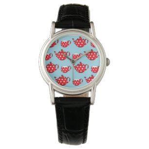 Spotty Red Teapot and Cups Blue Pattern Watch