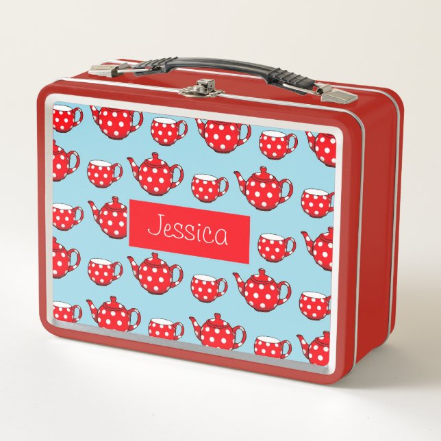 Spotty Red Teapot and Cups Pattern Personalised Metal Lunch Box (Front)