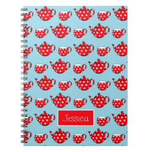 Spotty Red Teapot and Cups Pattern Personalised Notebook
