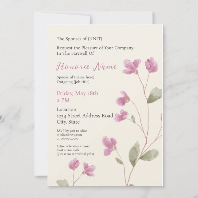 Spouse Farewell Military Pink Digital Invitation (Front)
