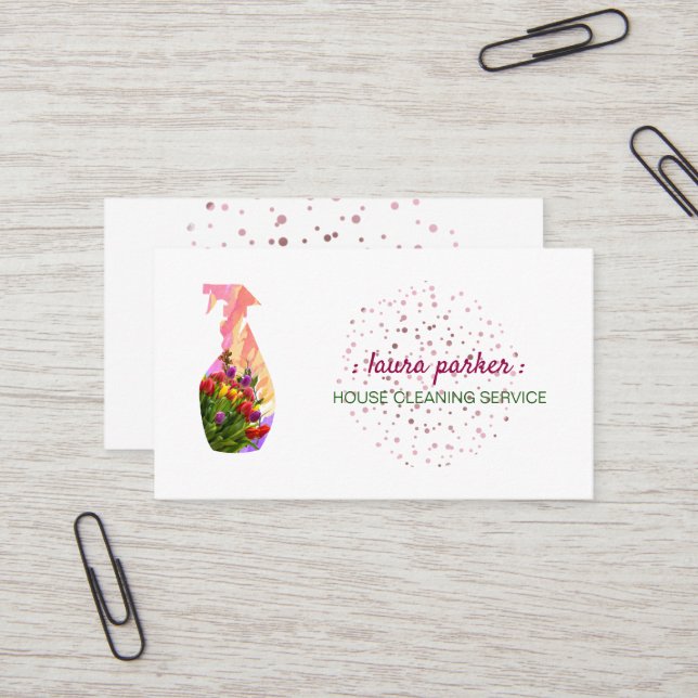 Spray Bottle Floral Cleaning Service Garden Business Card (Front/Back In Situ)