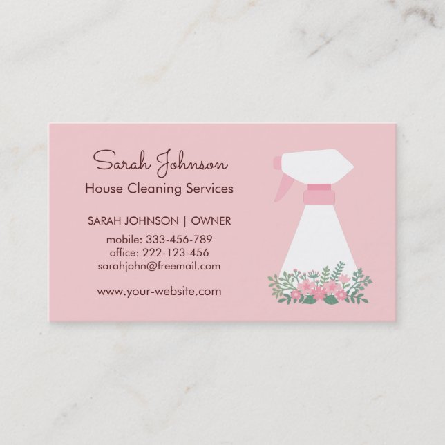 Spray Bottle Floral Cleaning Service Pink Business Card (Front)